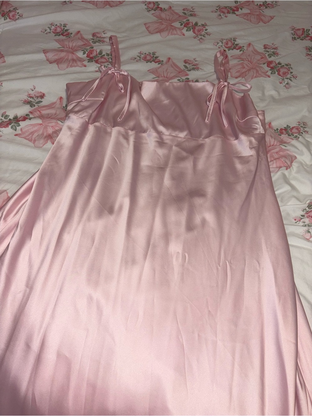 Silky Pink Satin Long Dress with Tie Straps